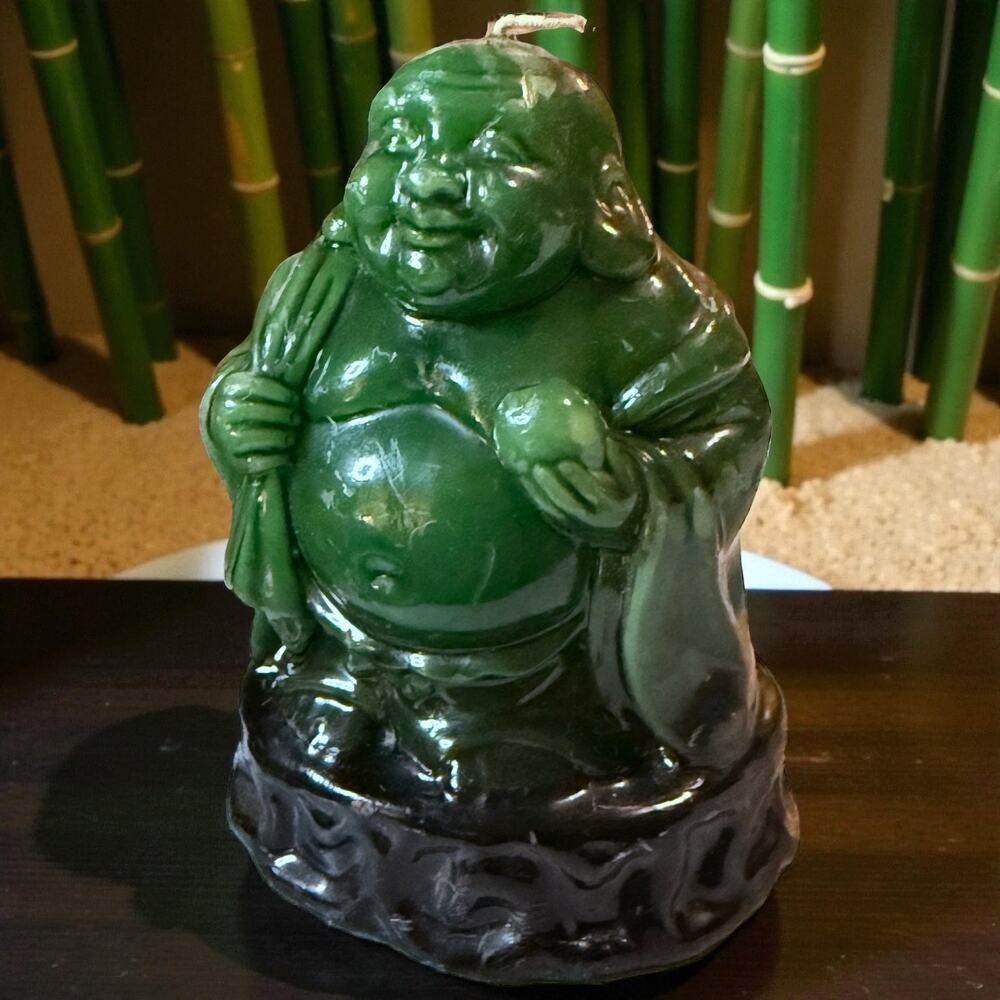Vintage 70s Lucky Buddha Candle Green Black Wax Distressed 5.25 in